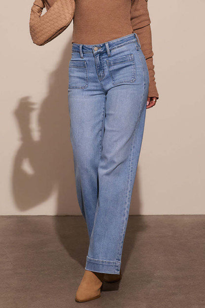 Casual Solid Color Distressed Pocket High Waist Loose Denim Jeans