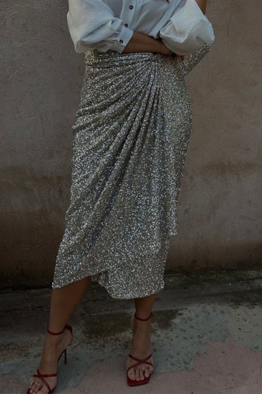 Bas de couleur unie élégant à paillettes froncées taille haute régulière