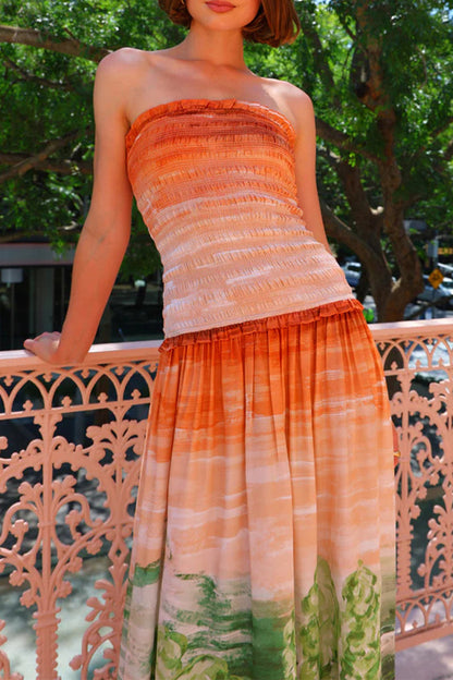 Robe élégante sans manches à imprimé paysage contrasté