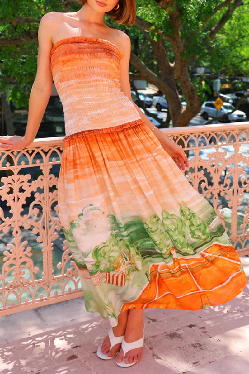 Robe élégante sans manches à imprimé paysage contrasté