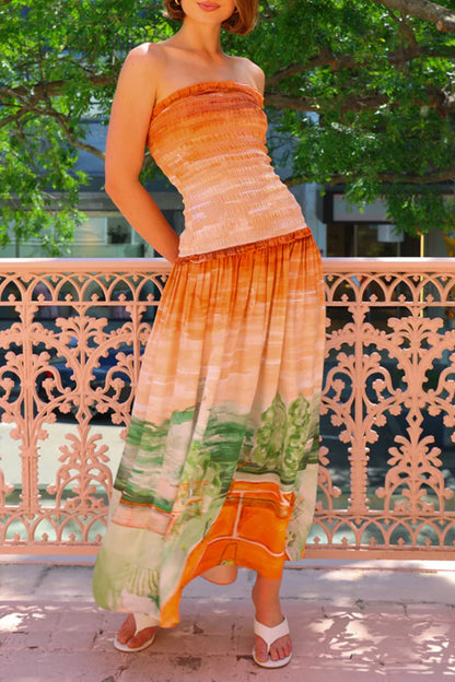 Robe élégante sans manches à imprimé paysage contrasté