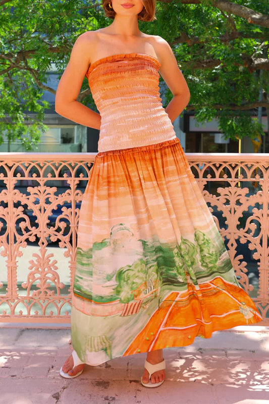 Robe élégante sans manches à imprimé paysage contrasté