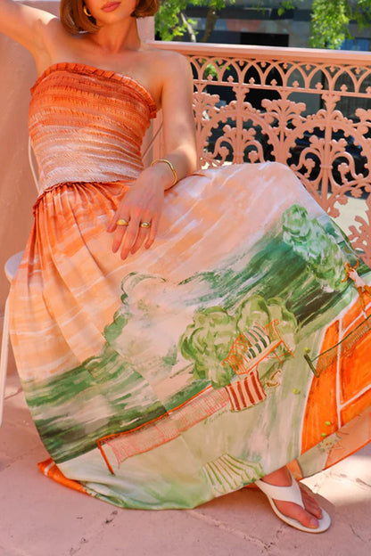 Robe élégante sans manches à imprimé paysage contrasté