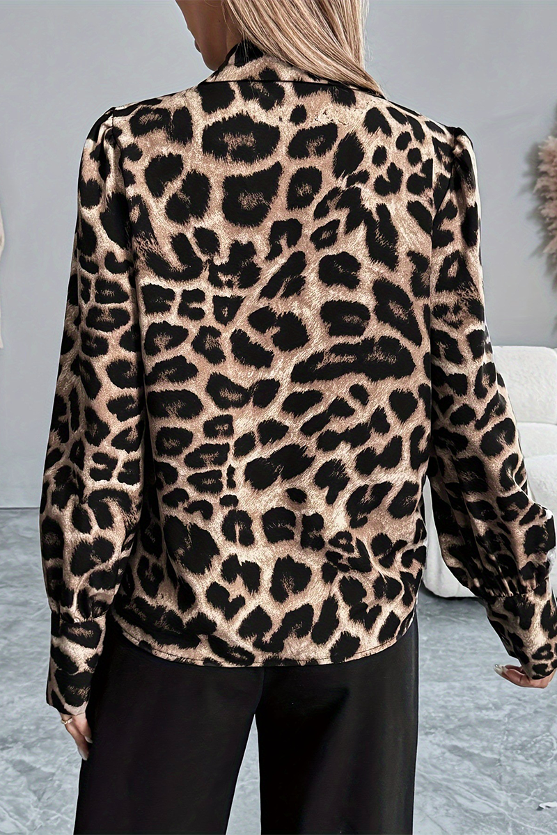 Casual Leopard Patchwork Turndown Collar Tops