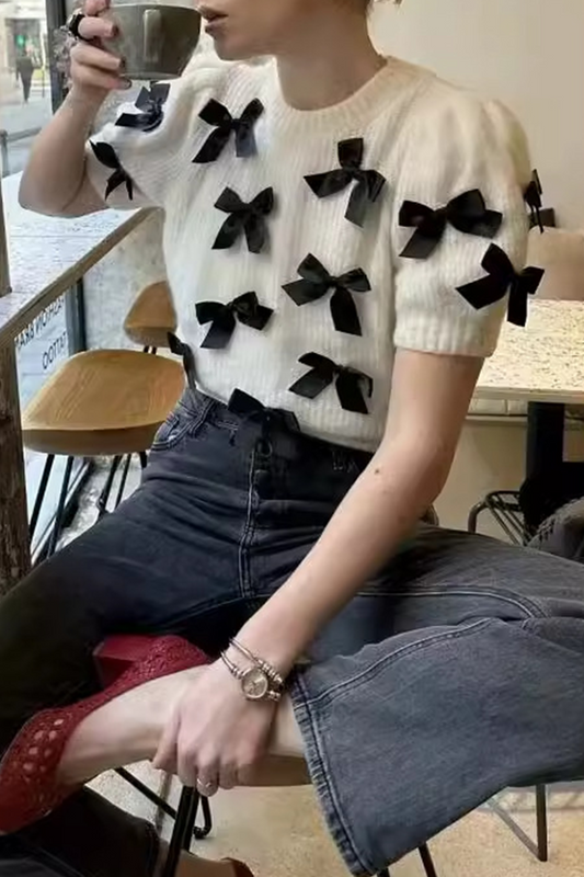 Hauts décontractés à col rond contrasté avec nœud et patchwork