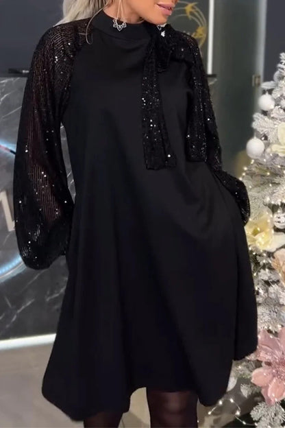 Elegante einfarbige Pailletten Pailletten halber Rollkragen A Linie Kleider