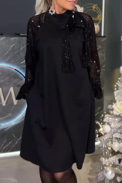 Elegante einfarbige Pailletten Pailletten halber Rollkragen A Linie Kleider