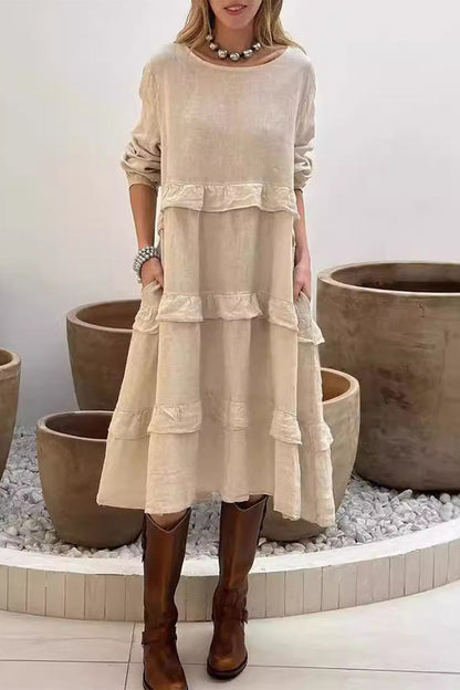 Lässige einfarbige A-Linien-Kleider mit Taschen und Rüschen und Rundhals