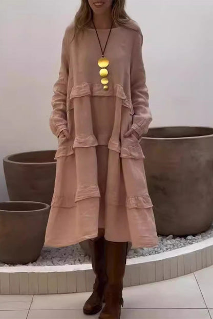 Lässige einfarbige A-Linien-Kleider mit Taschen und Rüschen und Rundhals