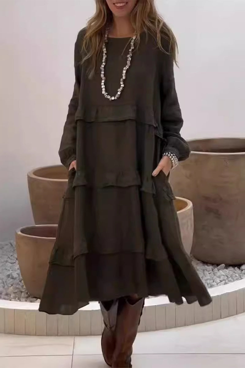 Lässige einfarbige A-Linien-Kleider mit Taschen und Rüschen und Rundhals