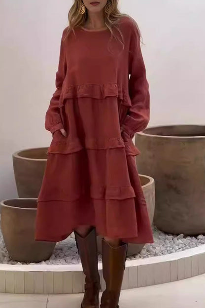 Lässige einfarbige A-Linien-Kleider mit Taschen und Rüschen und Rundhals