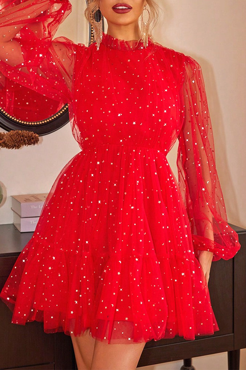 Robe de soirée élégante à paillettes de couleur unie et col rond