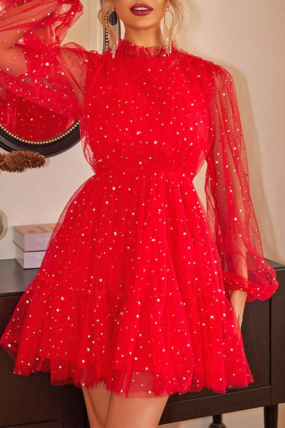 Robe de soirée élégante à paillettes de couleur unie et col rond