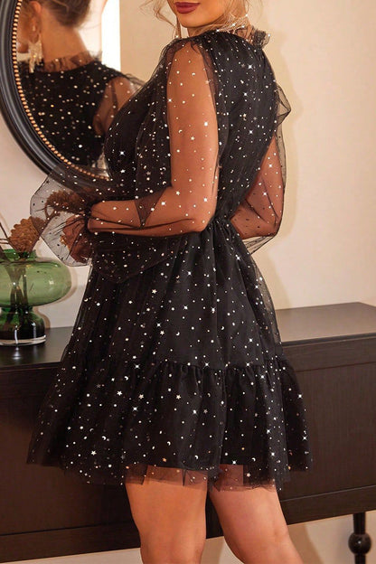 Robe de soirée élégante à paillettes de couleur unie et col rond