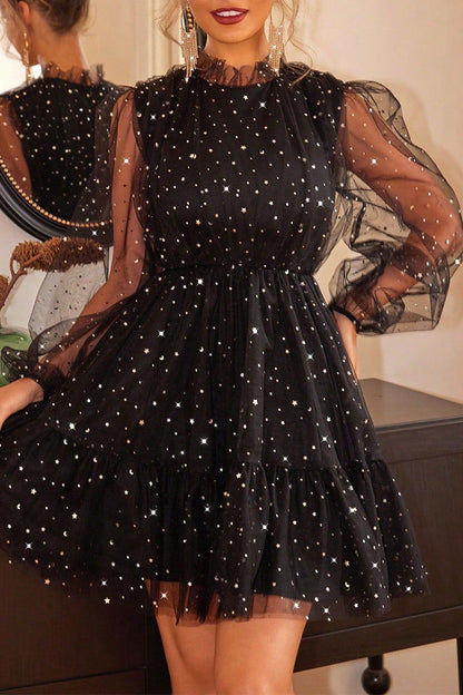 Robe de soirée élégante à paillettes de couleur unie et col rond