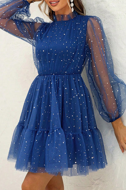 Robe de soirée élégante à paillettes de couleur unie et col rond