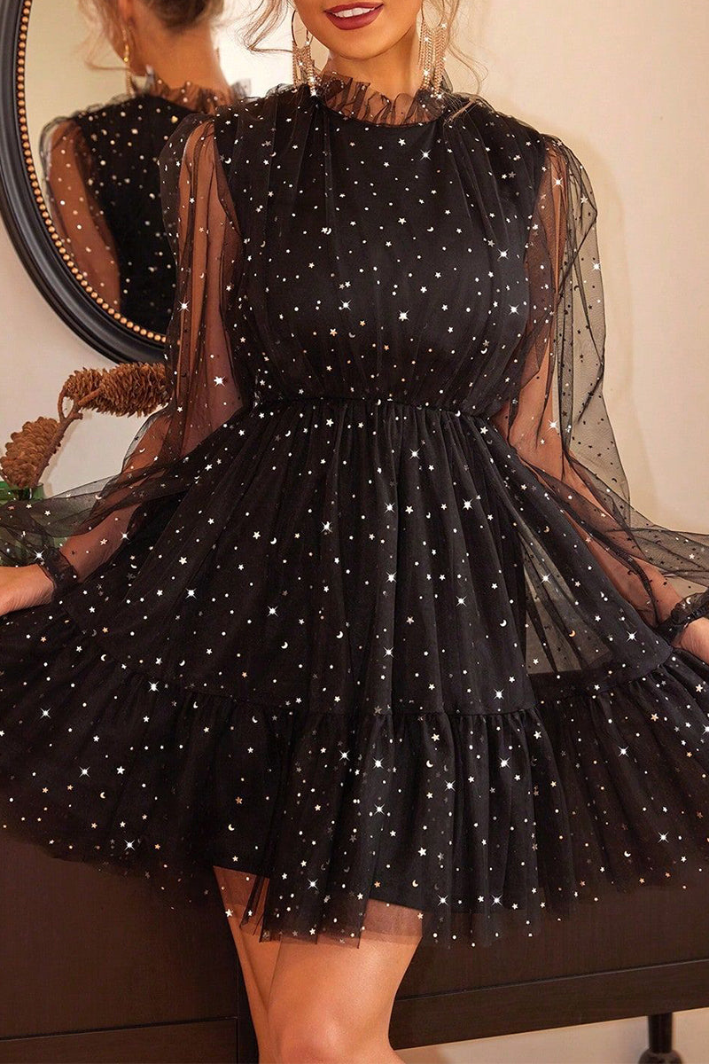 Robe de soirée élégante à paillettes de couleur unie et col rond