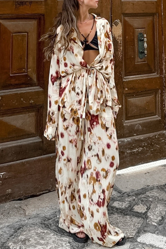 Lässiger Street Graffiti Print Kontrast Umlegekragen Langarm Zweiteiler