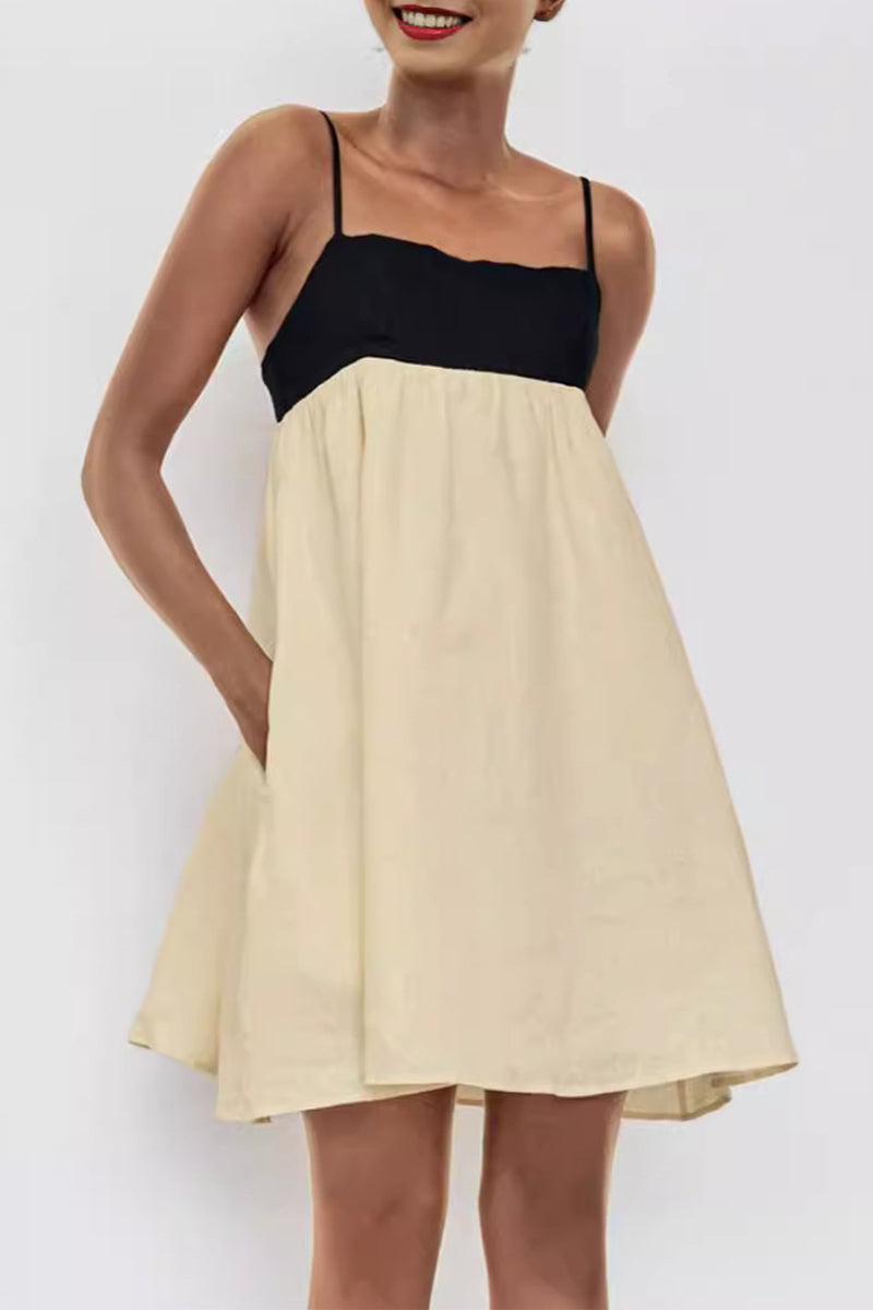Casual Solid Color Pocket Backless Contrast Square Neck Sling Dresses