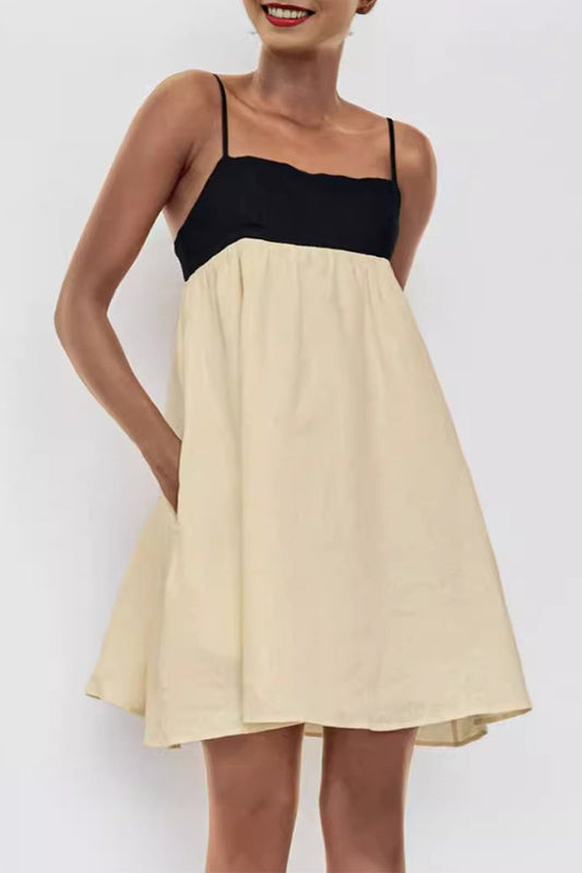 Casual Solid Color Pocket Backless Contrast Square Neck Sling Dresses