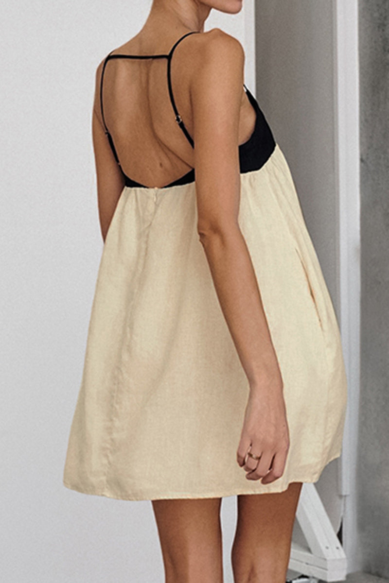 Casual Solid Color Pocket Backless Contrast Square Neck Sling Dresses