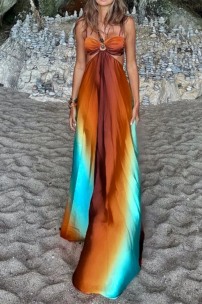Robe longue sexy à imprimé dégradé et à lacets contrastés avec col en V