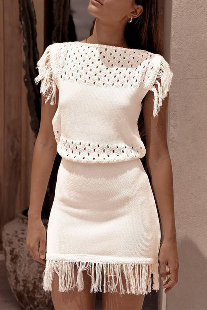 Robe pull décontractée à col rond et à pompons ajourés