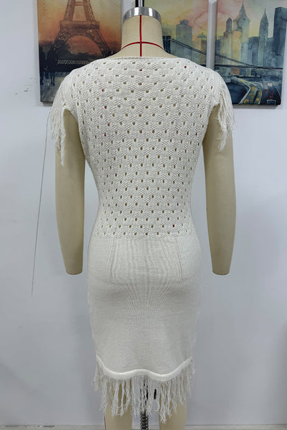 Robe pull décontractée à col rond et à pompons ajourés