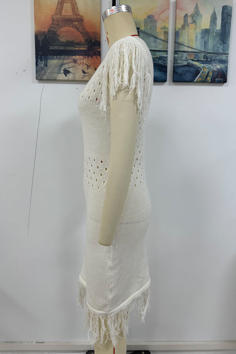 Robe pull décontractée à col rond et à pompons ajourés