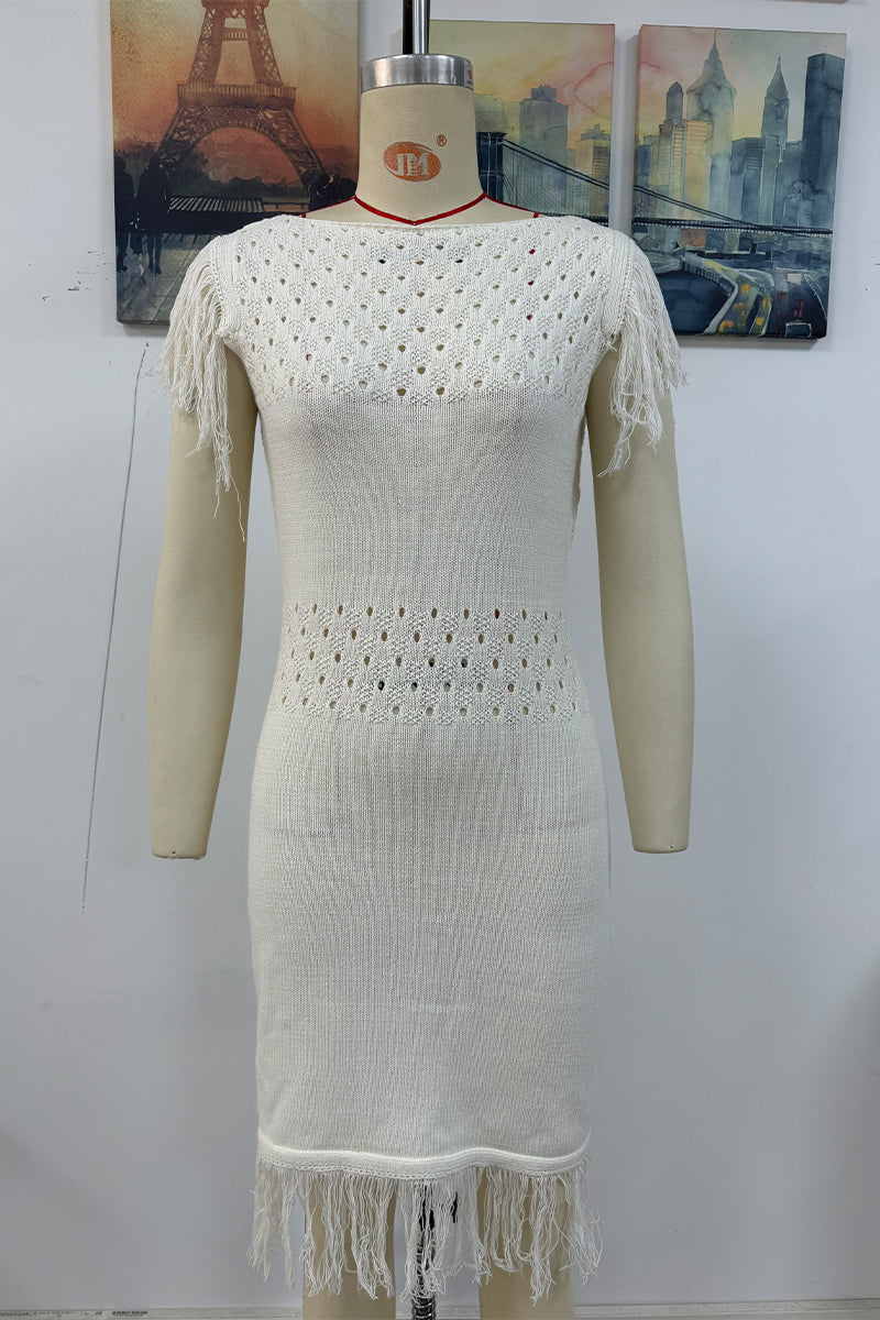 Robe pull décontractée à col rond et à pompons ajourés