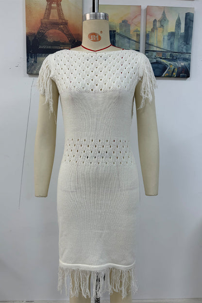 Robe pull décontractée à col rond et à pompons ajourés