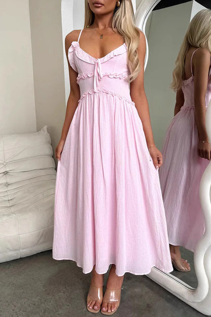 Sexy Solid Color Lace Up Ruffle V Neck Sling Dresses