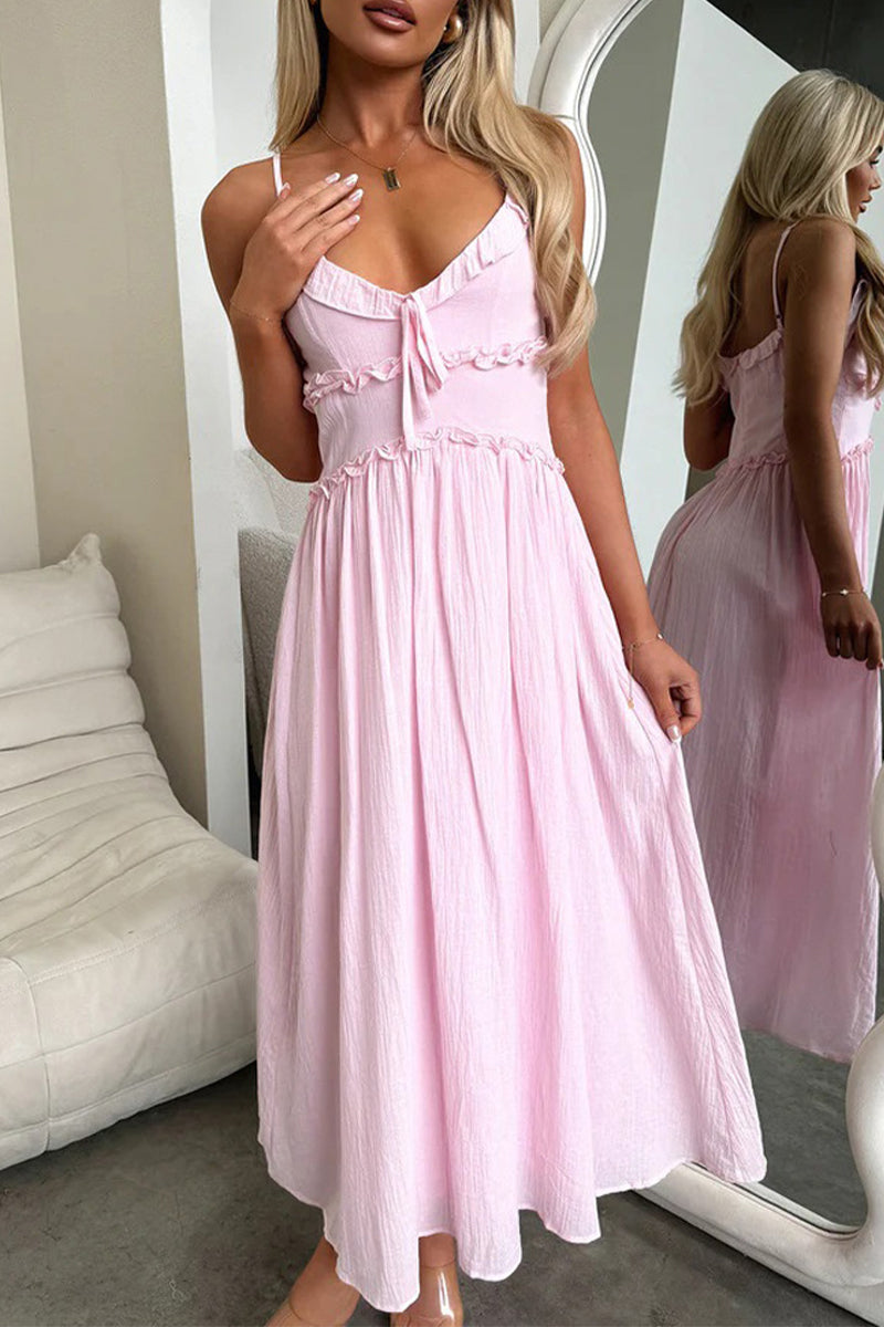 Sexy Solid Color Lace Up Ruffle V Neck Sling Dresses