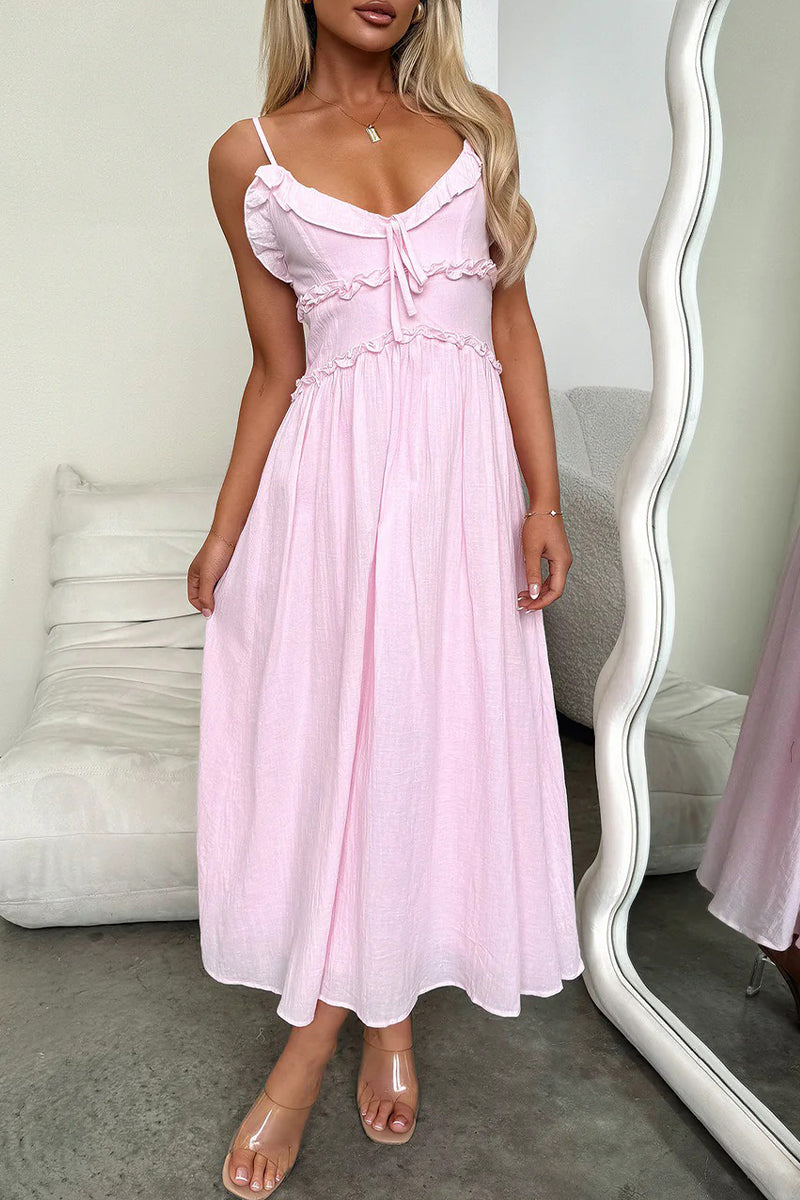 Sexy Solid Color Lace Up Ruffle V Neck Sling Dresses