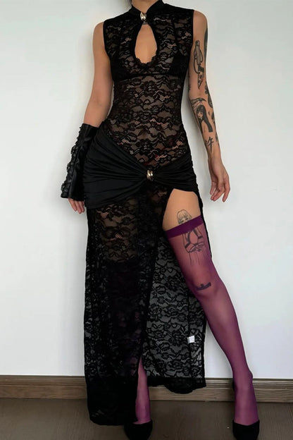 Sexy Kleider mit einfarbiger Spitze, ausgehöhltem Schlitz und O-Ausschnitt und einem Schrittrock