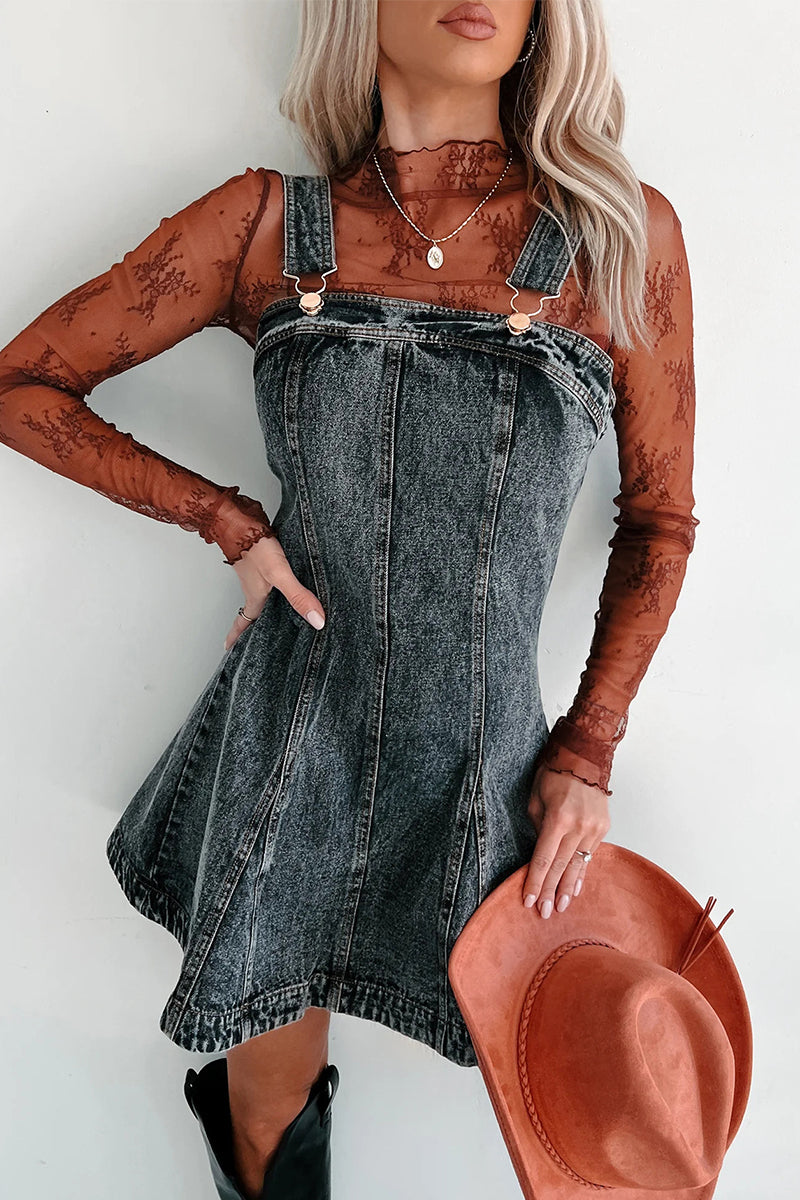 Casual Solid Color Distressed Buttons Square Neck Sleeveless Loose Denim Dresses