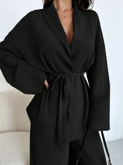 Textured Tie Waist Top and Wide-Leg Pants Set