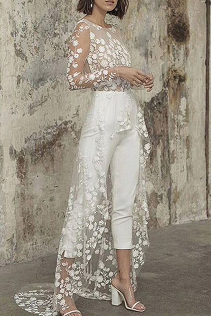 Combinaisons droites sexy en dentelle de couleur unie à col rond