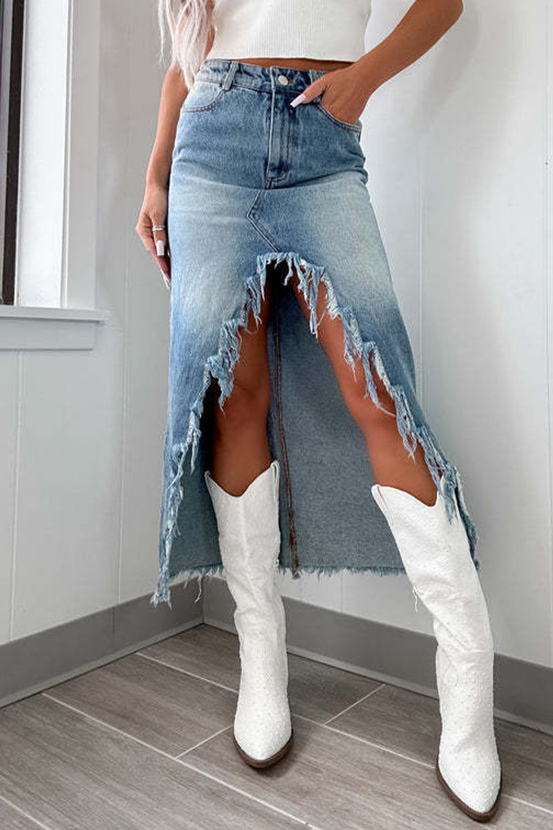 Street Einfarbige, abgenutzte, unregelmäßige Quaste, normale, hohe Taille, Patchwork-Hose