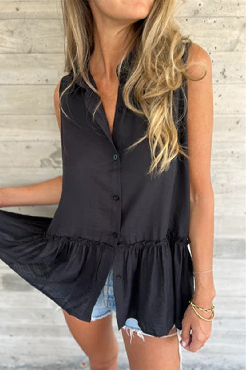 Chemisiers décontractés à col rabattu et à volants plissés à boutons (3 couleurs)