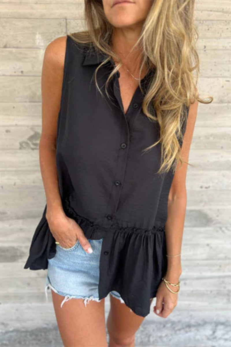 Chemisiers décontractés à col rabattu et à volants plissés à boutons (3 couleurs)