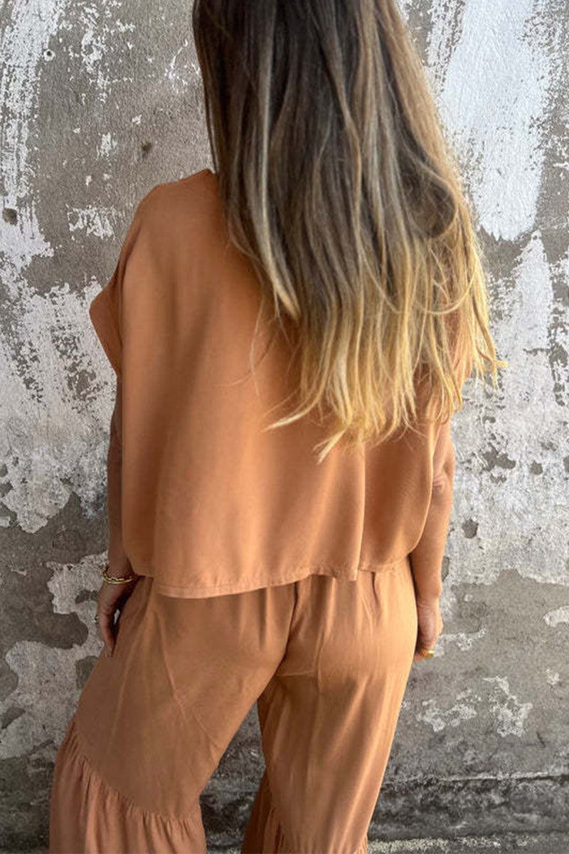 Lässiger, einfarbiger, mit Taschen und Schnürung versehener Volant mit Rundhalsausschnitt und kurzen Ärmeln, zweiteilig