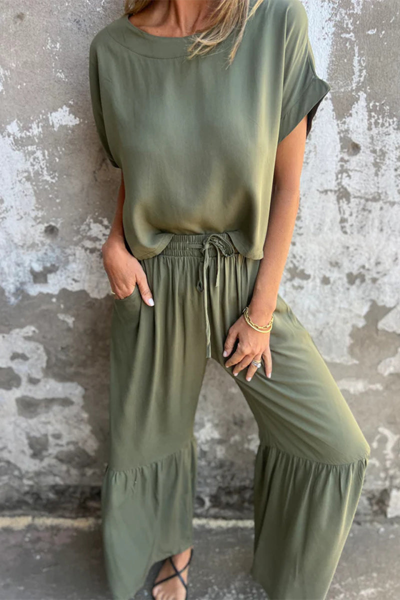 Lässiger, einfarbiger, mit Taschen und Schnürung versehener Volant mit Rundhalsausschnitt und kurzen Ärmeln, zweiteilig