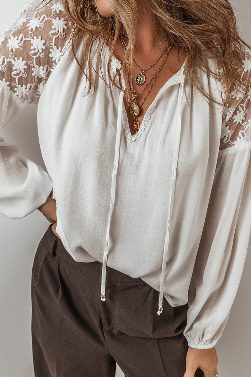 Casual Solid Color Lace Lace Up Patchwork V Neck Tops