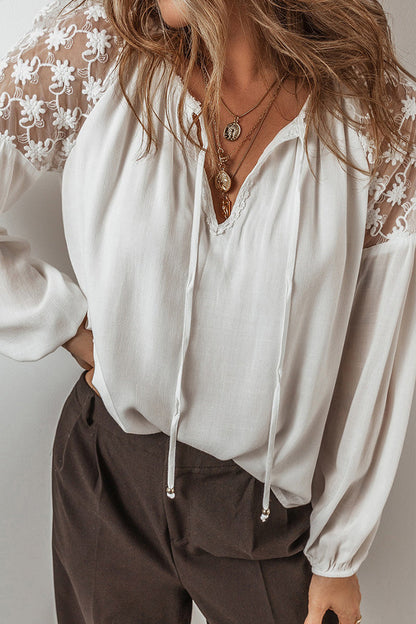 Casual Solid Color Lace Lace Up Patchwork V Neck Tops