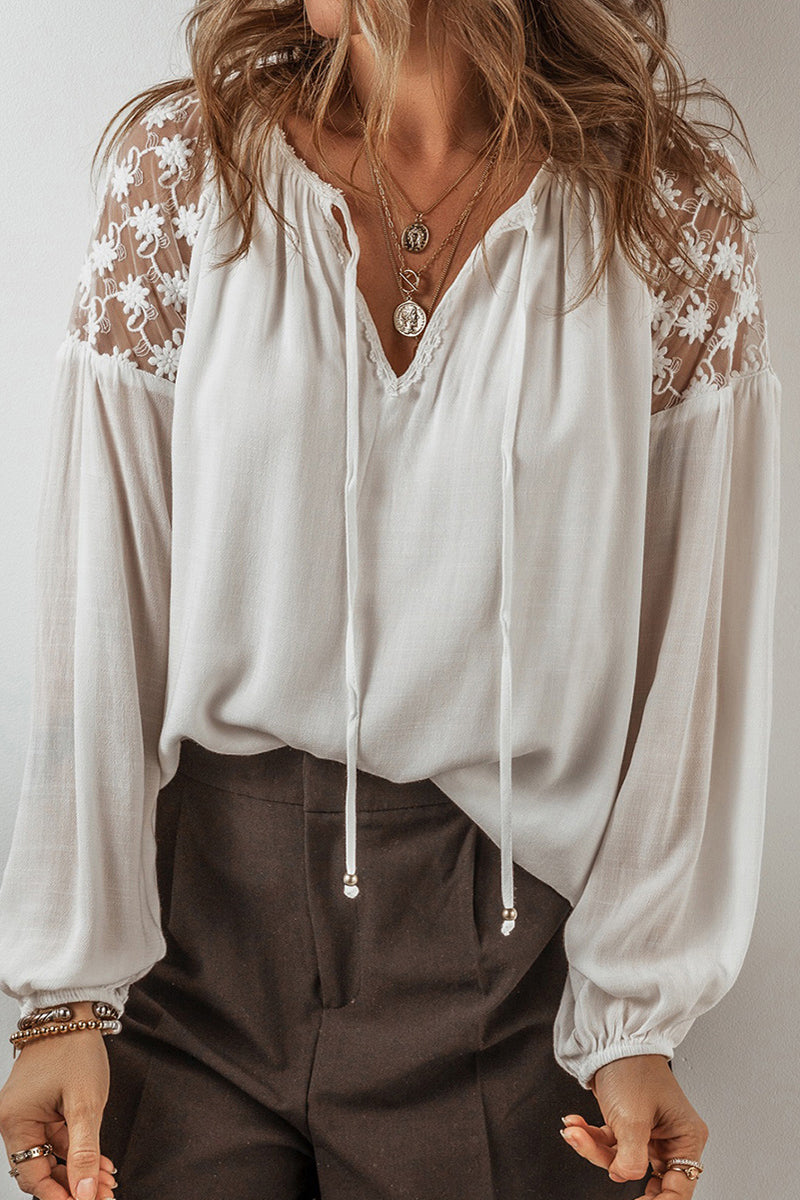 Casual Solid Color Lace Lace Up Patchwork V Neck Tops