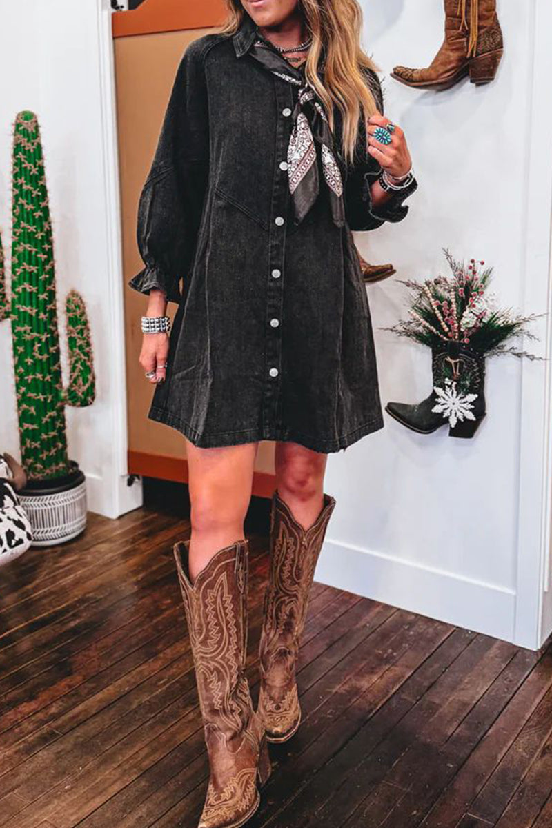 Casual Solid Color Distressed Patchwork Turndown Collar Three Quarter Loose Denim Dresses