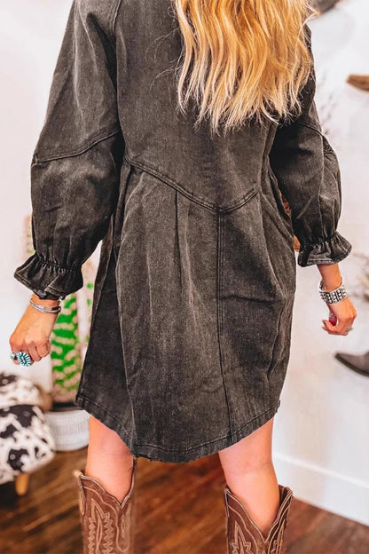 Casual Solid Color Distressed Patchwork Turndown Collar Three Quarter Loose Denim Dresses