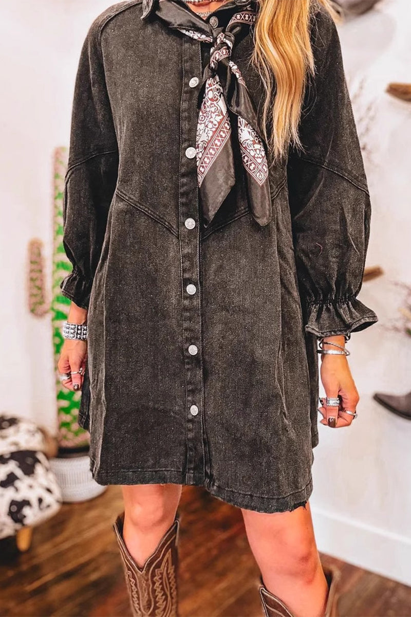 Casual Solid Color Distressed Patchwork Turndown Collar Three Quarter Loose Denim Dresses