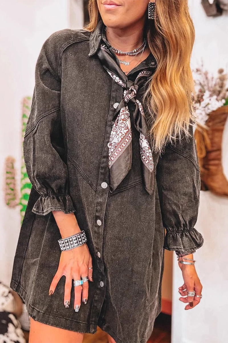 Casual Solid Color Distressed Patchwork Turndown Collar Three Quarter Loose Denim Dresses